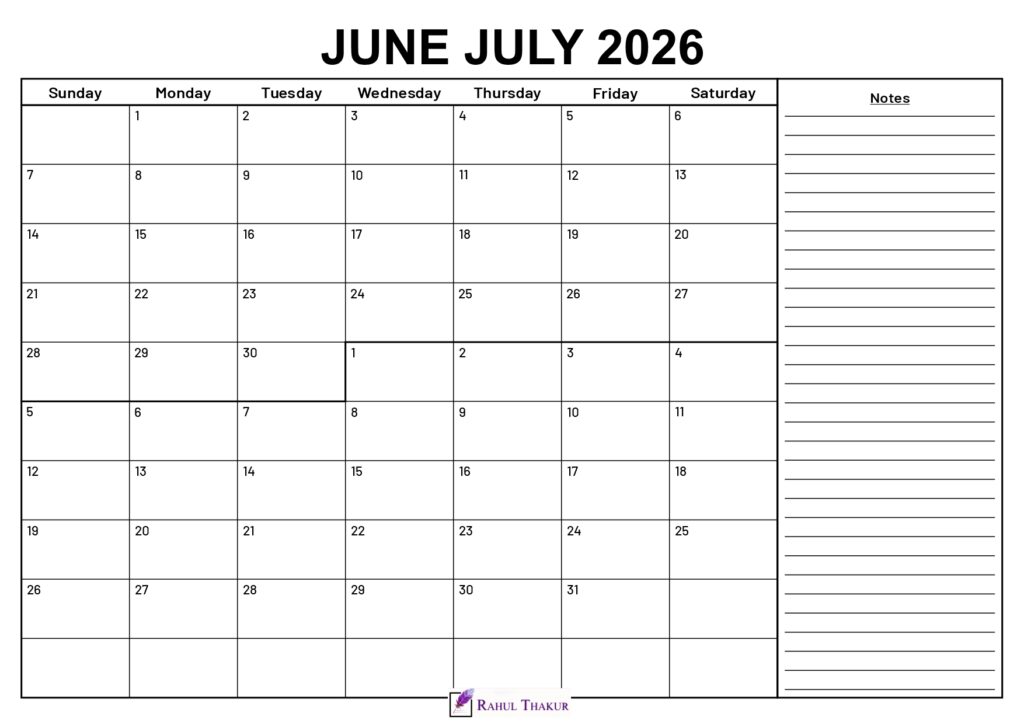 June July 2026 Calendar With Notes