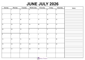 June July 2026 Calendar With Notes