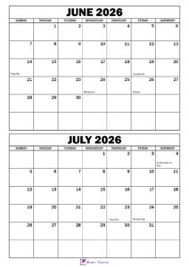 June July 2026 Calendar with Holidays