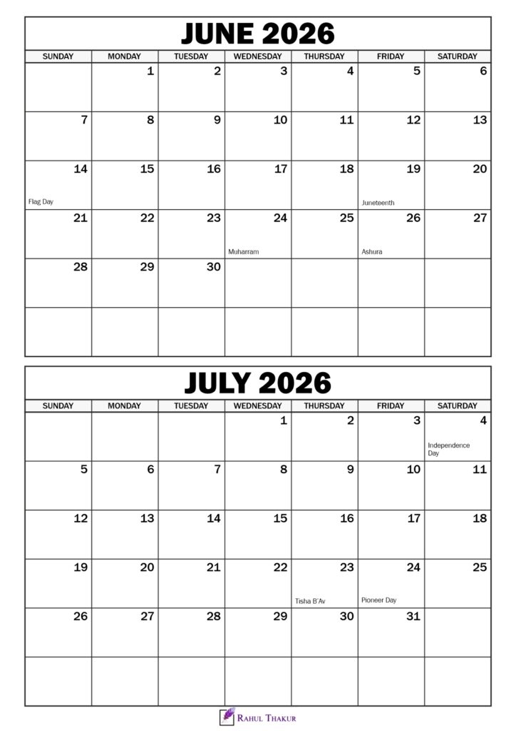 June July 2026 Calendar with Holidays