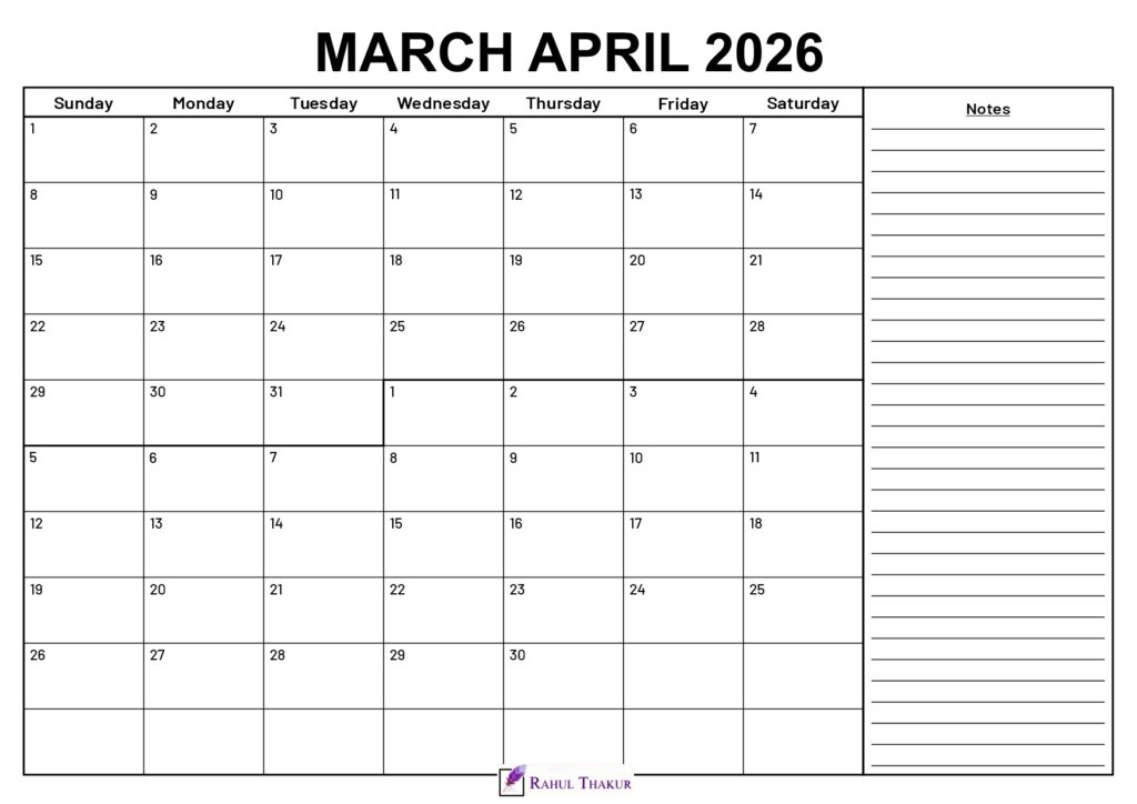 March April 2026 Calendar With Notes