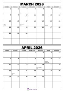 March April 2026 Calendar with Holidays