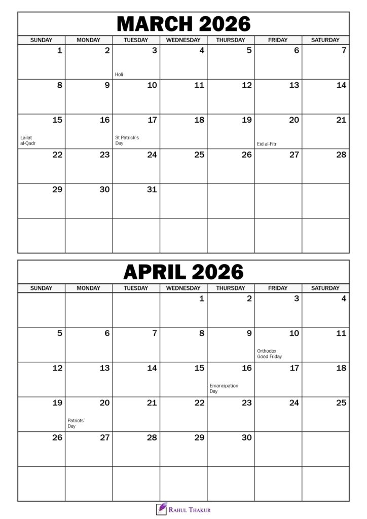 March April 2026 Calendar with Holidays