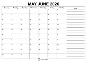 May June 2026 Calendar With Notes