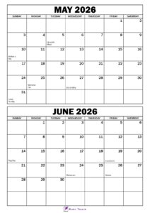 May June 2026 Calendar with Holidays