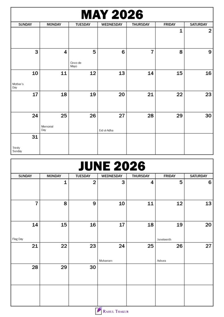 May June 2026 Calendar with Holidays