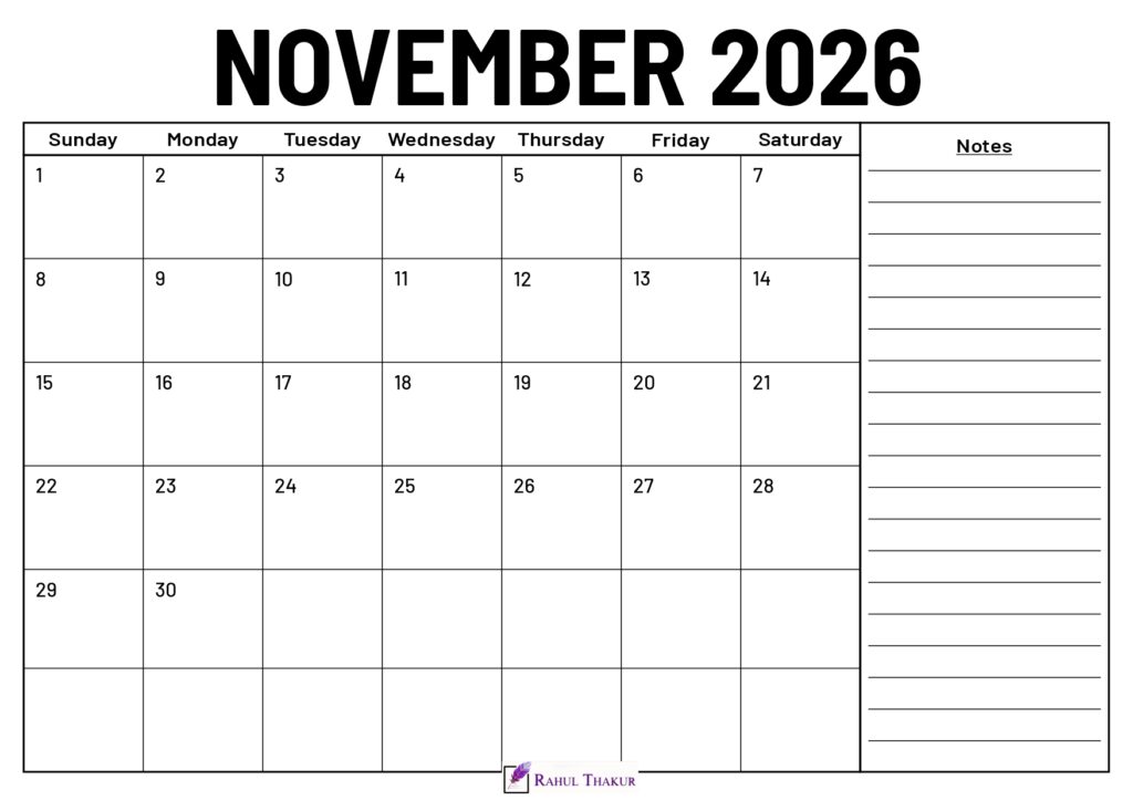 November 2026 Calendar With Notes