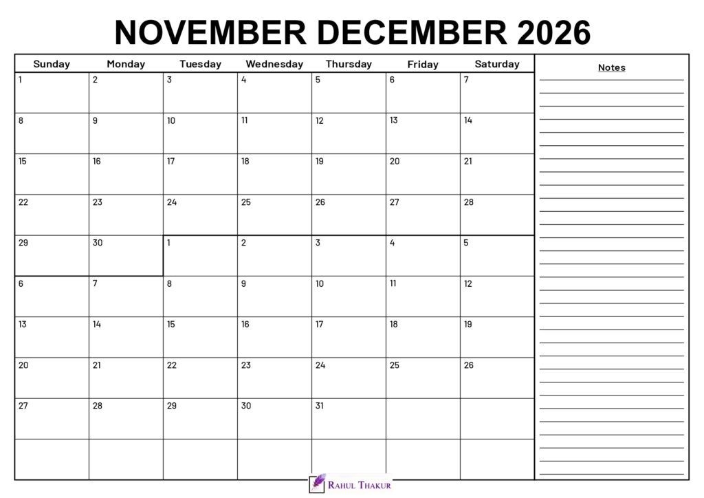 November December 2026 Calendar With Notes