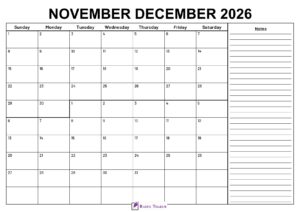 November December 2026 Calendar With Notes