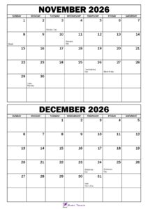 November December 2026 Calendar with Holidays