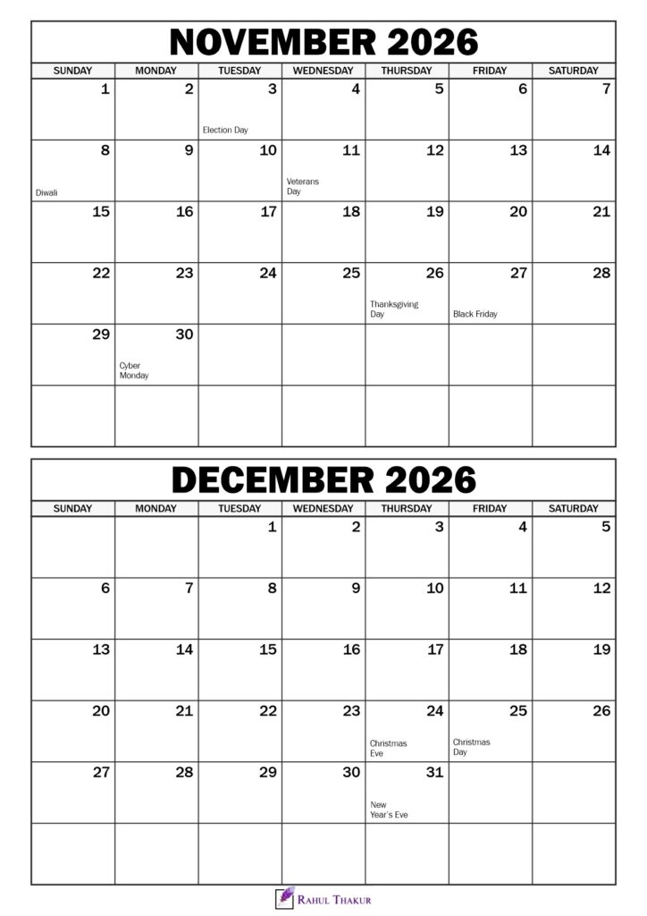 November December 2026 Calendar with Holidays