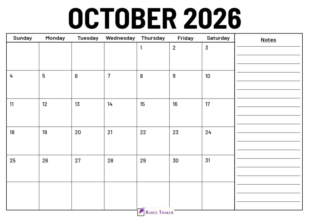 October 2026 Calendar With Notes