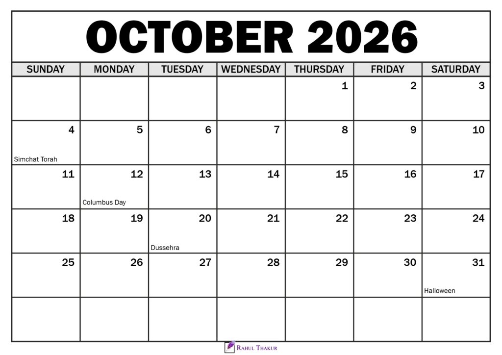 October 2026 Calendar with Holidays