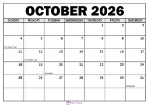 October 2026 Calendar with Holidays