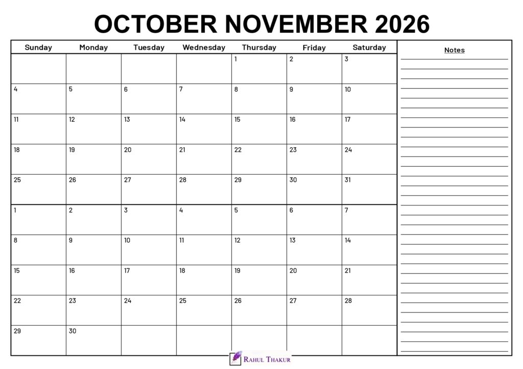 October November 2026 Calendar With Notes