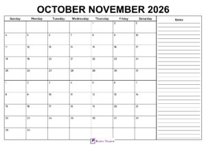 October November 2026 Calendar With Notes