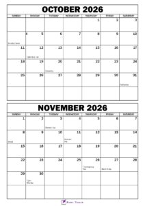 October November 2026 Calendar with Holidays