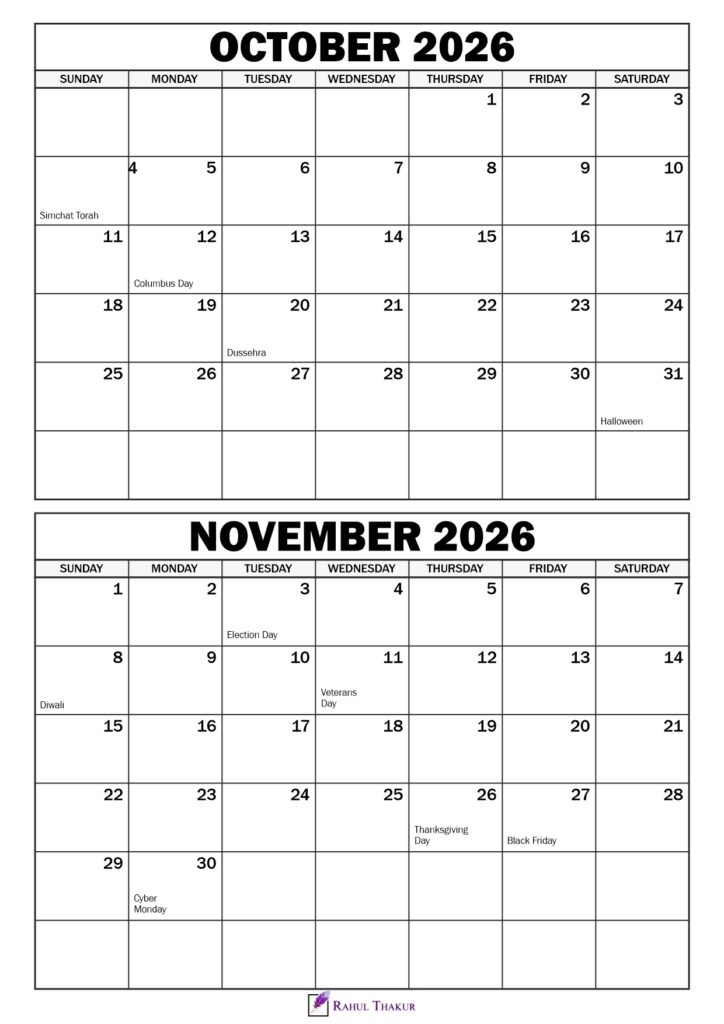 October November 2026 Calendar with Holidays