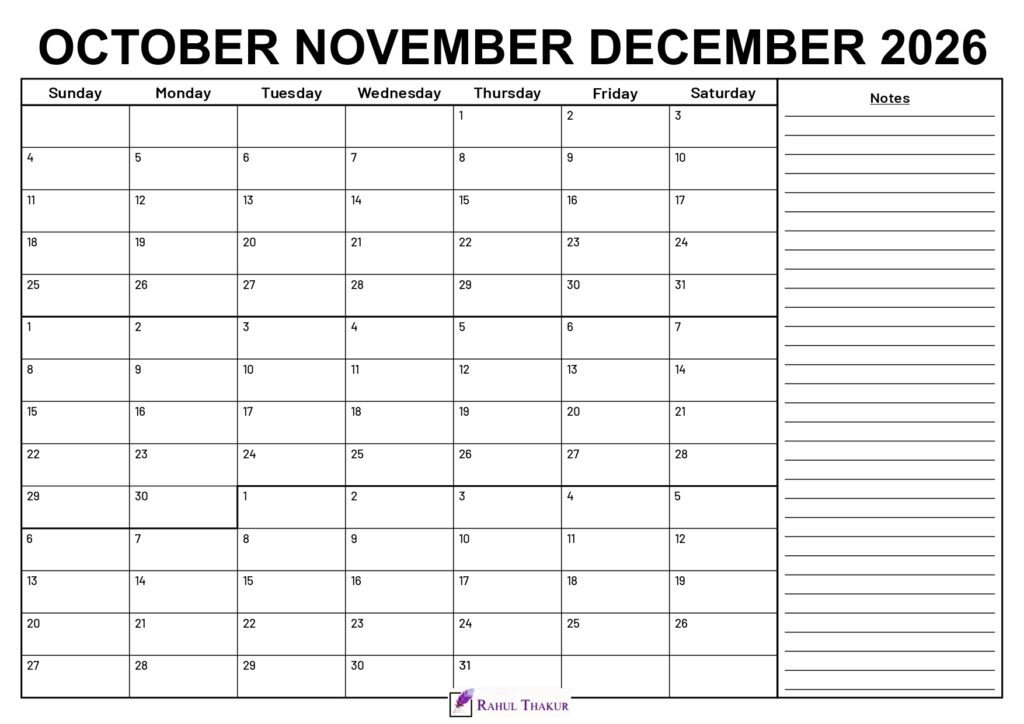 October to December 2026 Calendar With Notes