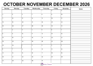 October to December 2026 Calendar With Notes