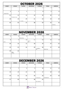 October to December 2026 Calendar with Holidays