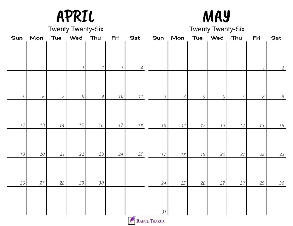 Printable April May 2026 Calendar