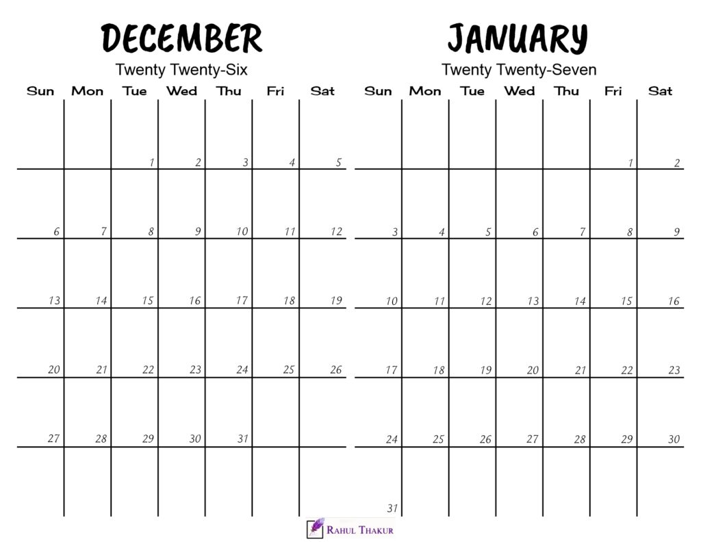 Printable December 2026 January 2027 Calendar