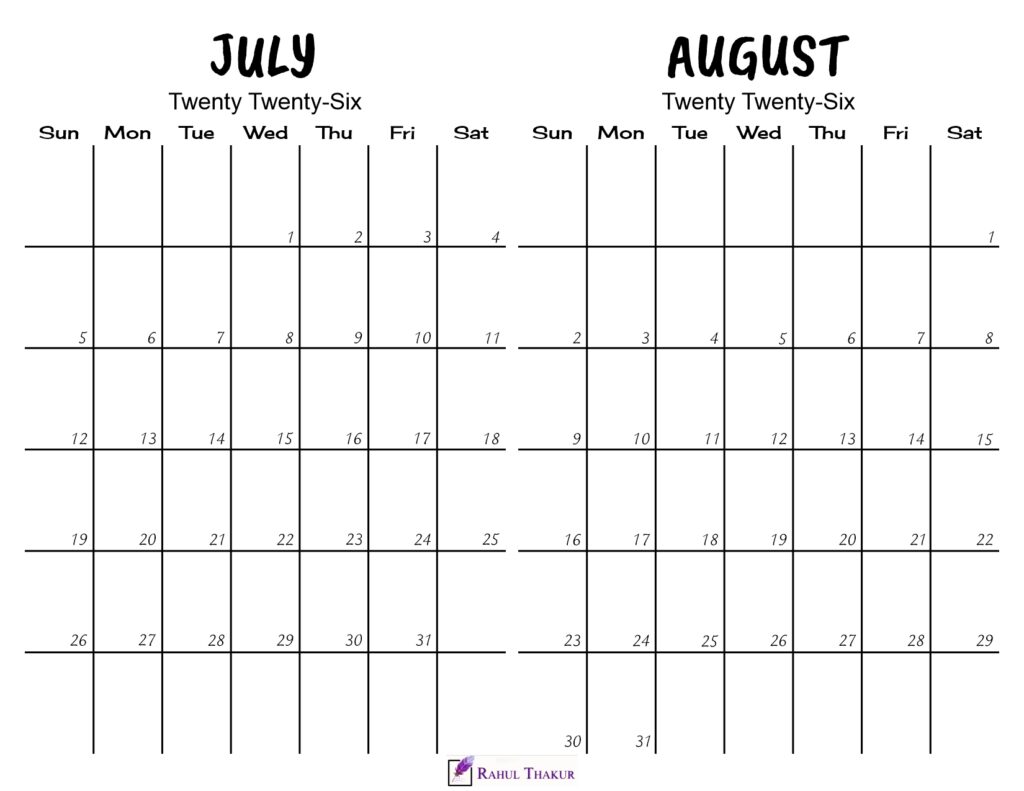 Printable July August 2026 Calendar