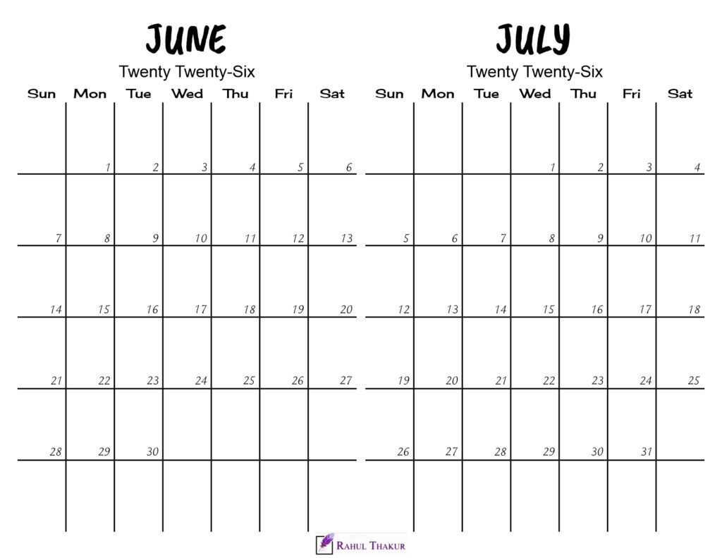 Printable June July 2026 Calendar