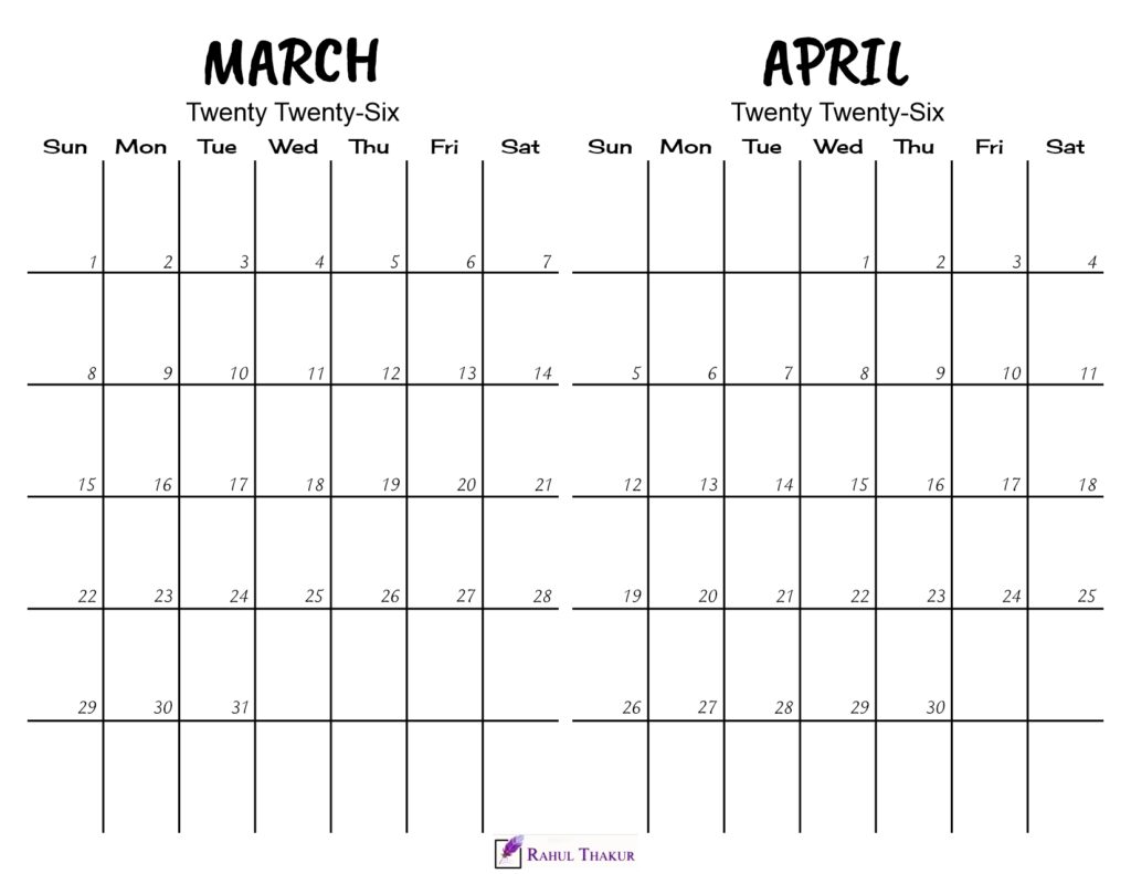 Printable March April 2026 Calendar