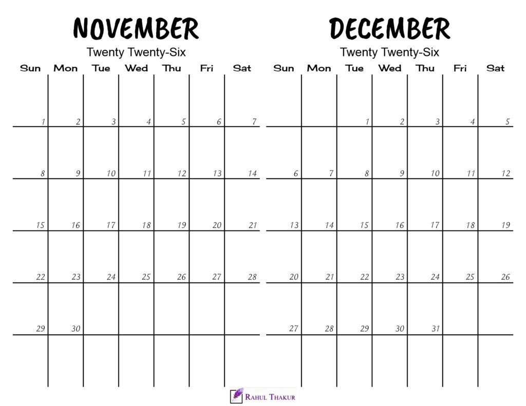 Printable November December 2026 Calendar