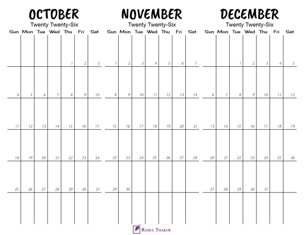 Printable October to December 2026 Calendar