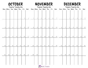 Printable October to December 2026 Calendar