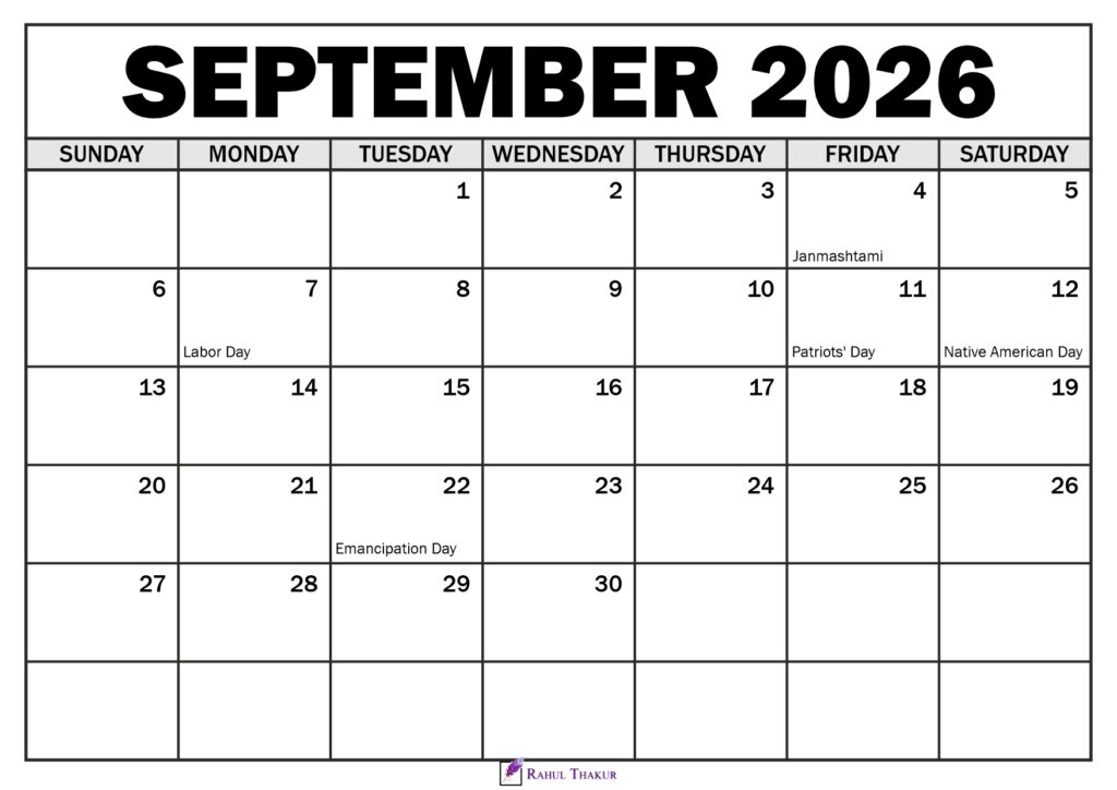 September 2026 Calendar with Holidays