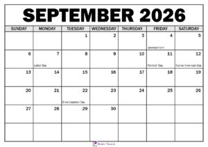 September 2026 Calendar with Holidays