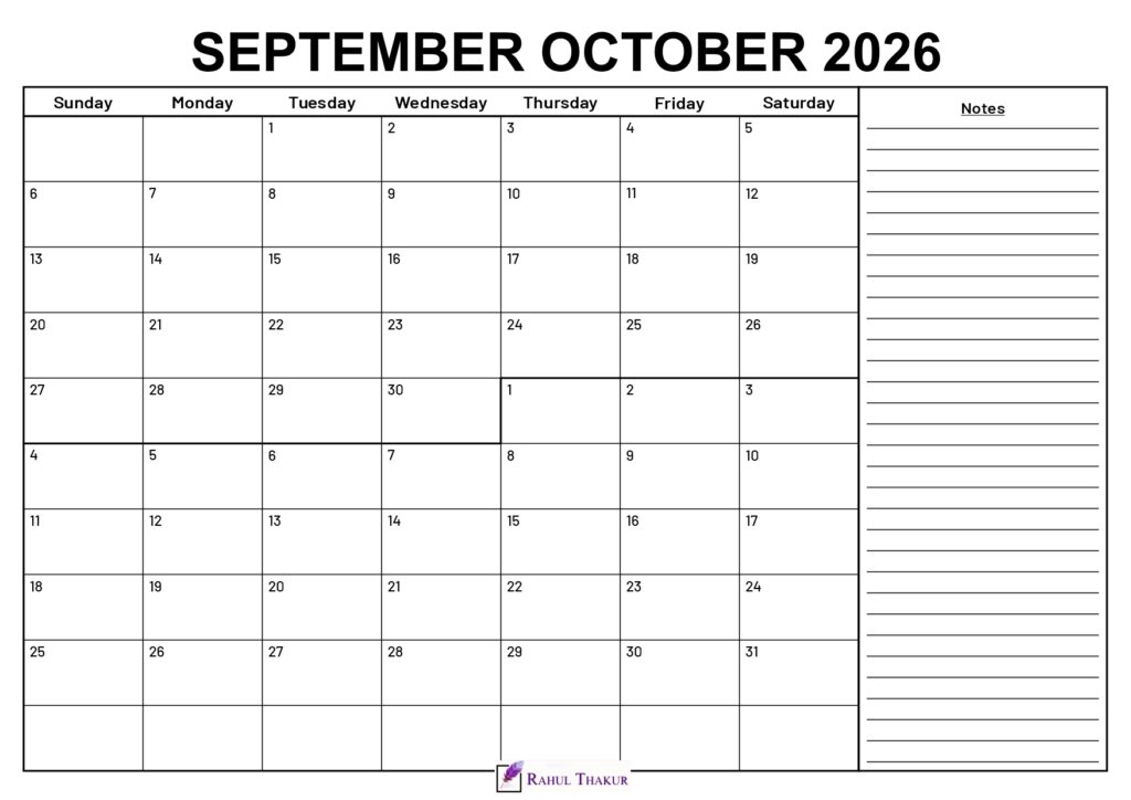 September October 2026 Calendar With Notes