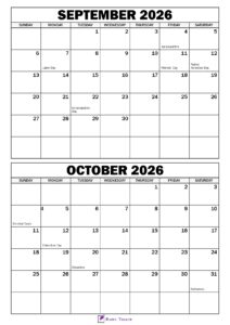 September October 2026 Calendar with Holidays