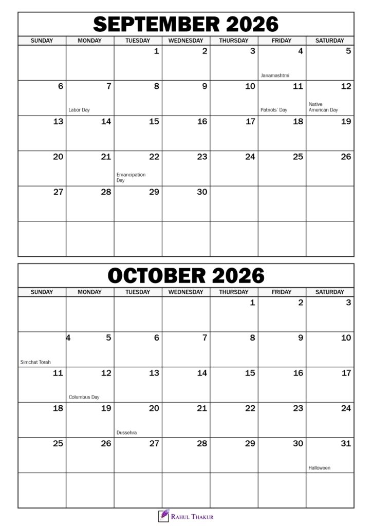 September October 2026 Calendar with Holidays