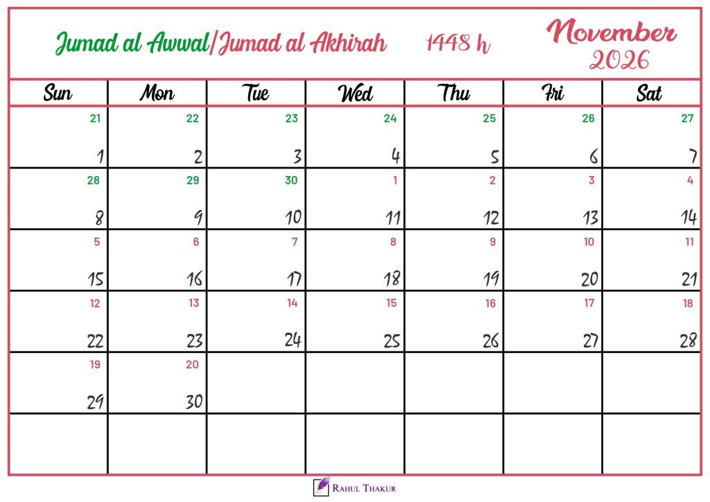 Islamic Hijri Calendar for November 2026